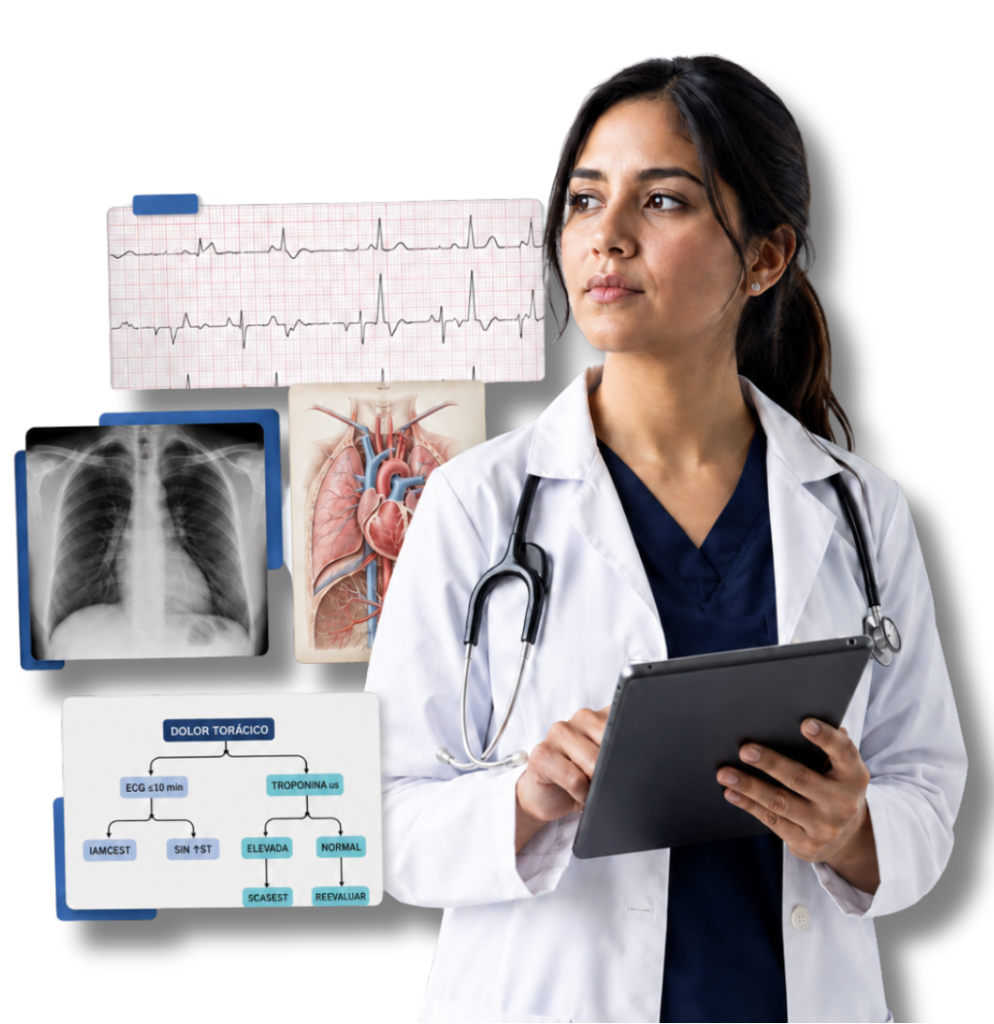 Médica joven utilizando recursos digitales para aprender medicina